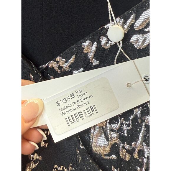 Jonathan Simkhai Women's Size 2 Black Metallic Taylor Wrap Top Puff Sleeve NWT - Picture 12 of 13